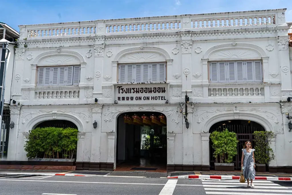 The colonial-style facade of the On On Hotel in Phuket Town, Thailand.