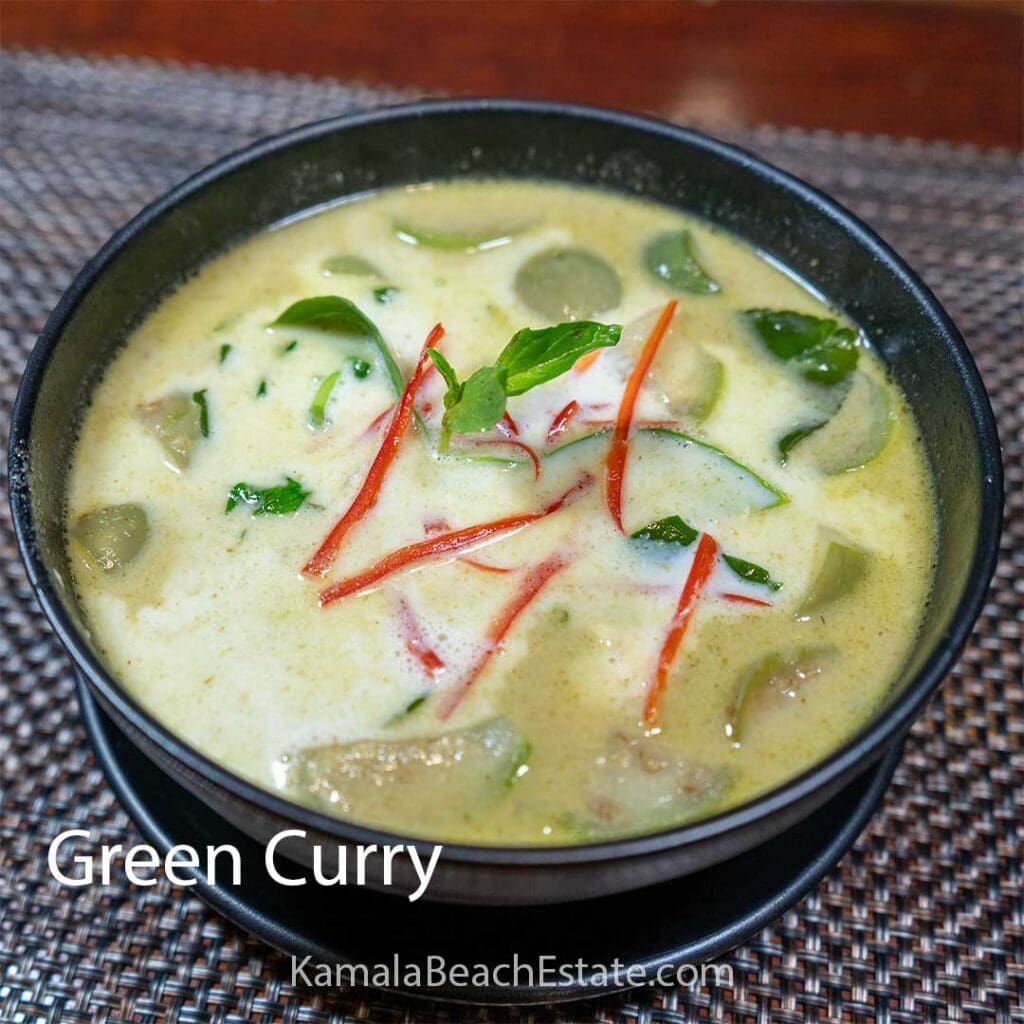 Thai Green Curry 3 Authentic Thai Green Curry served at Kamala Beach Estate — rich coconut cream, fresh herbs, and just the right heat. A signature dish that brings Thailand’s flavors to life.