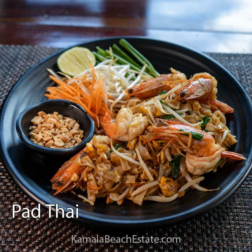 Pad Thai 1 Authentic Pad Thai served at Kamala Beach Estate — rice noodles with shrimp, bean sprouts, crushed peanuts, and lime.