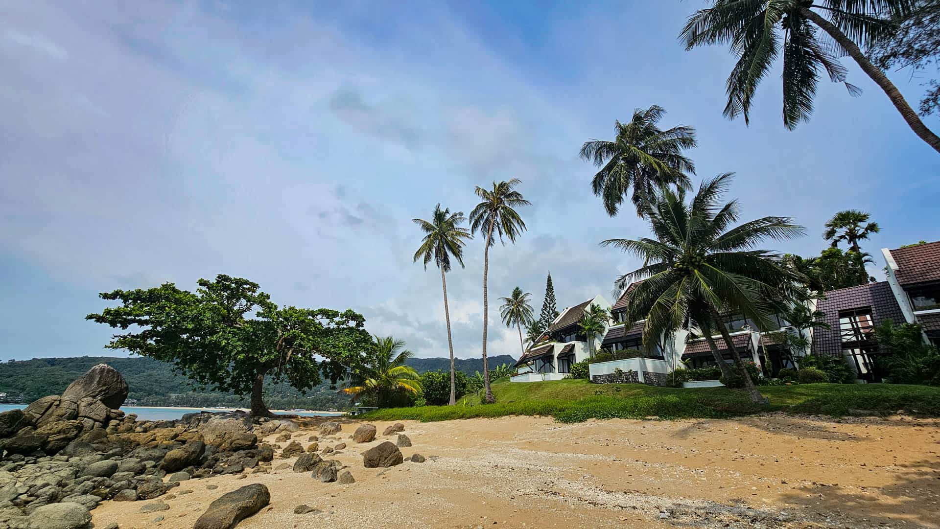 The small beach of sand and rocks, looking back towards palms and estate buildings